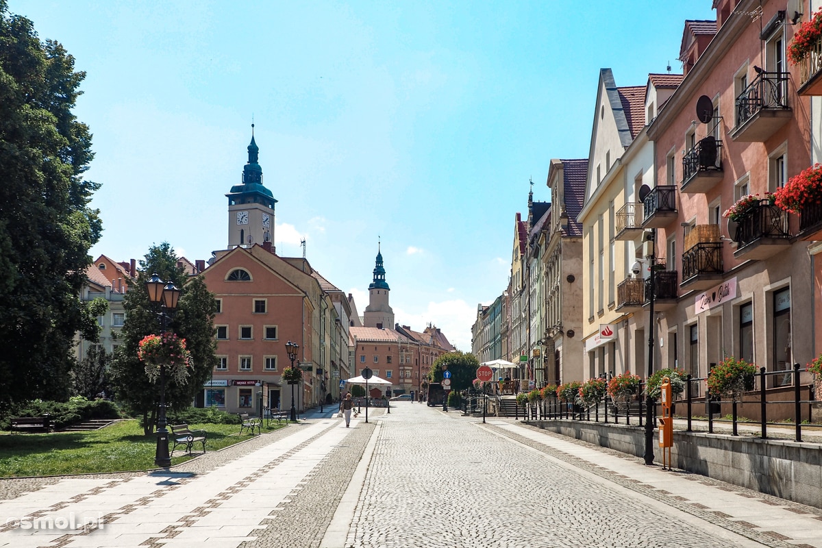 Widok na pierzeję kamienic i Rynek w Złotoryi.